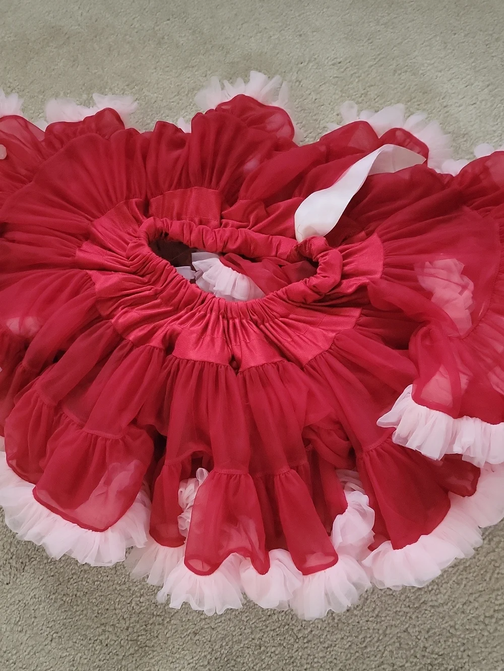 Girls Red Ruffled Tulle Skirt  with Pink Trim